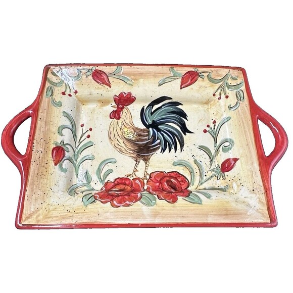 Honey Poppy Rooster Rectangular Platter with Handles Glossed Ceramic 13.5 Inches - Picture 2 of 9